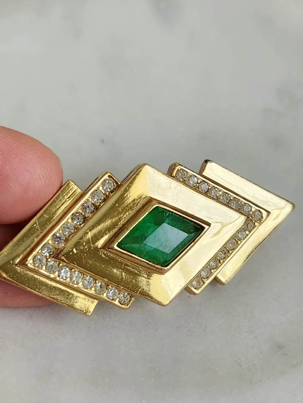 Christian Dior Gold Tone Geometric Brooch with Emerald Green Center and Crystals
